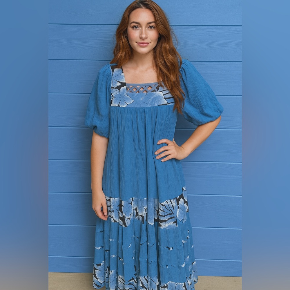 Brownstone Studio Long Kaftan Flowy Boho Flare Blue Mumu House Dress Small Moo